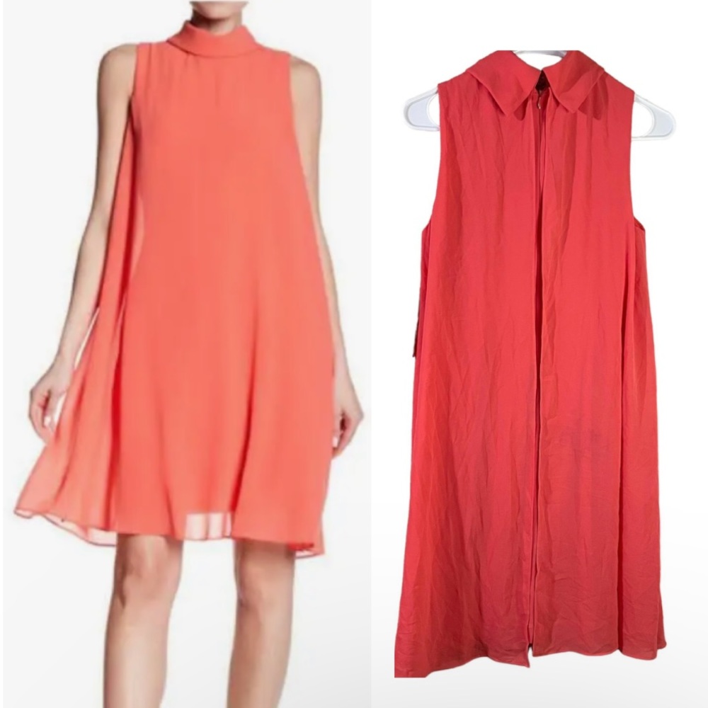 Eliza J chiffon overlay mini coral dress mock neck back zipper women Size 2